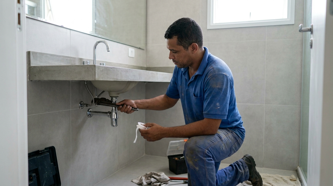 Profissional instalando torneira em residência